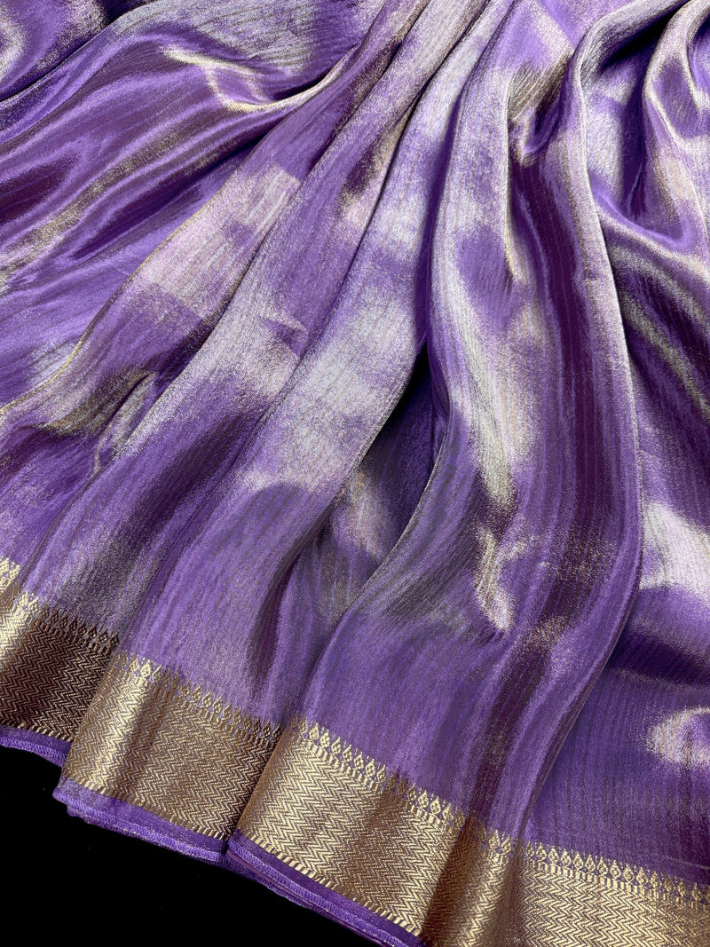 Statement Handmade Pastel Lavender Color Saree with thin Striped Banarasi Satin Tissue Silk Saree