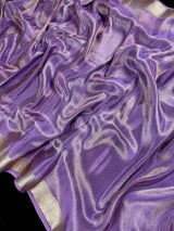 Statement Handmade Pastel Lavender Color Saree with thin Striped Banarasi Satin Tissue Silk Saree