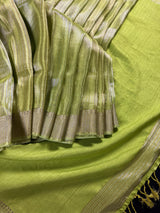 Statement Handmade Pastel Parrot Green Color Saree with thin Striped Banarasi Satin Tissue Silk Saree