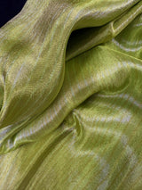 Statement Handmade Pastel Parrot Green Color Saree with thin Striped Banarasi Satin Tissue Silk Saree
