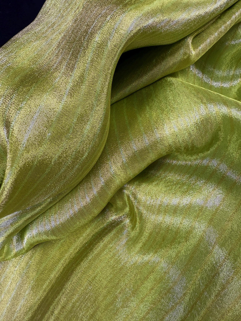 Statement Handmade Pastel Parrot Green Color Saree with thin Striped Banarasi Satin Tissue Silk Saree