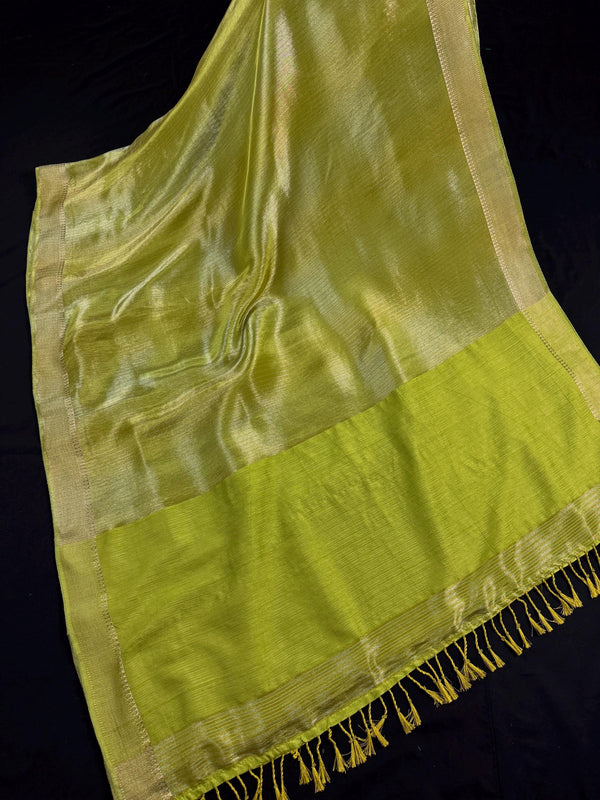Statement Handmade Pastel Parrot Green Color Saree with thin Striped Banarasi Satin Tissue Silk Saree