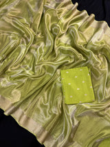 Statement Handmade Pastel Parrot Green Color Saree with thin Striped Banarasi Satin Tissue Silk Saree