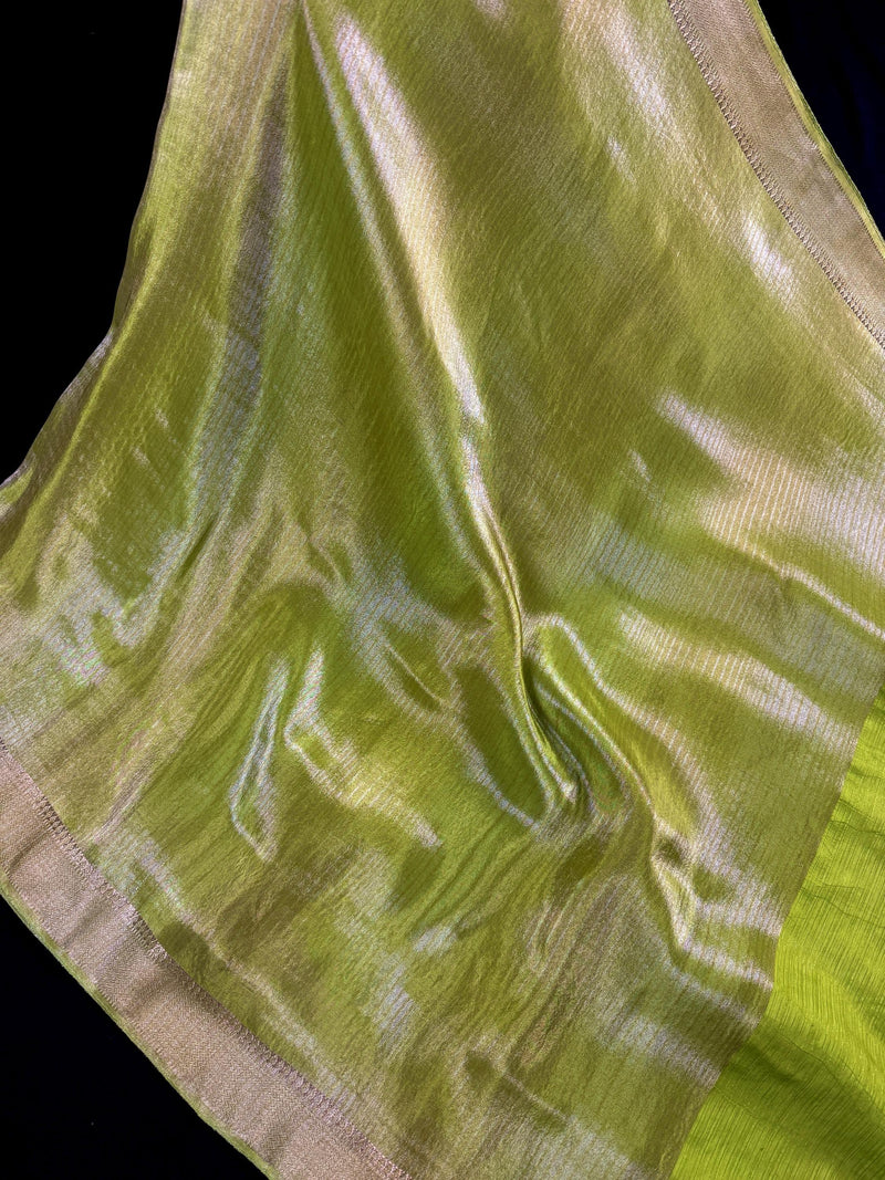 Statement Handmade Pastel Parrot Green Color Saree with thin Striped Banarasi Satin Tissue Silk Saree