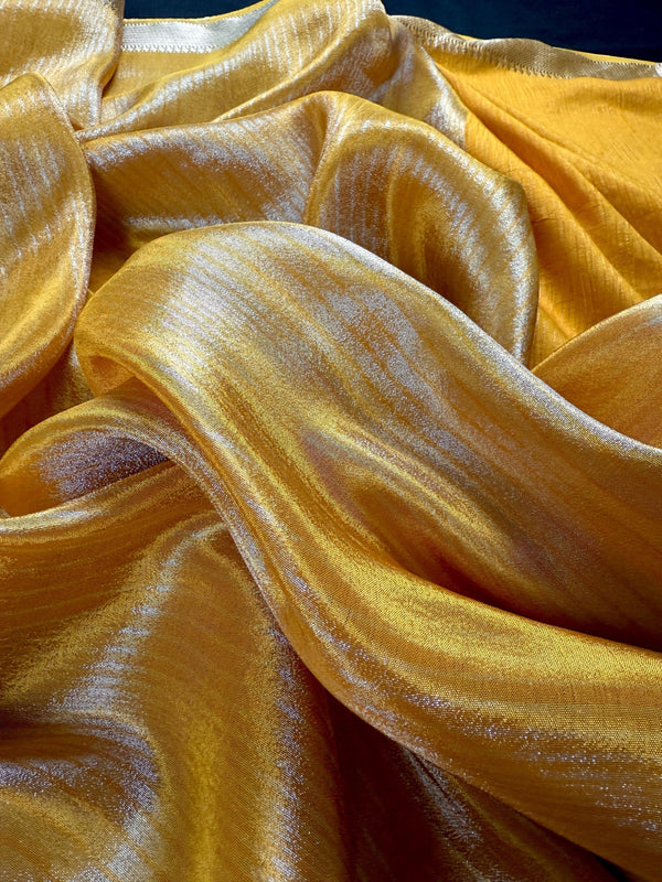 Statement Handmade Marigold Color Saree with thin Striped Banarasi Satin Tissue Silk Saree