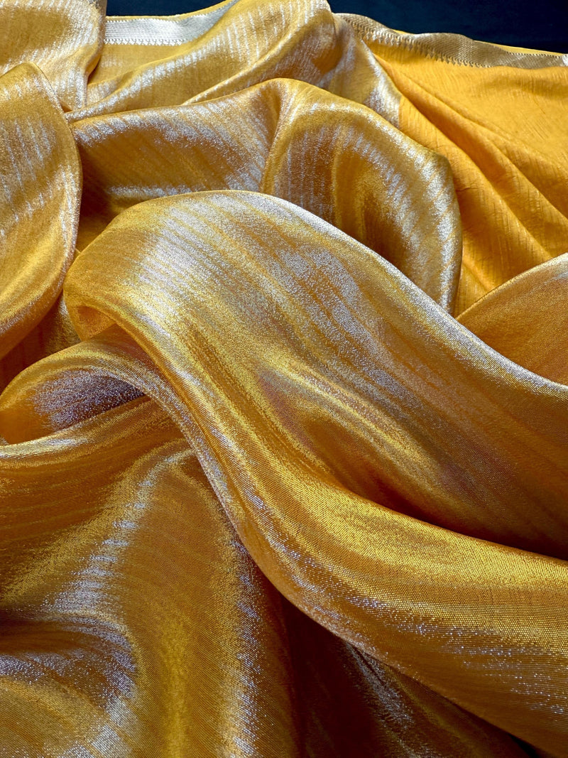 Statement Handmade Marigold Color Saree with thin Striped Banarasi Satin Tissue Silk Saree