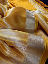 Statement Handmade Marigold Color Saree with thin Striped Banarasi Satin Tissue Silk Saree