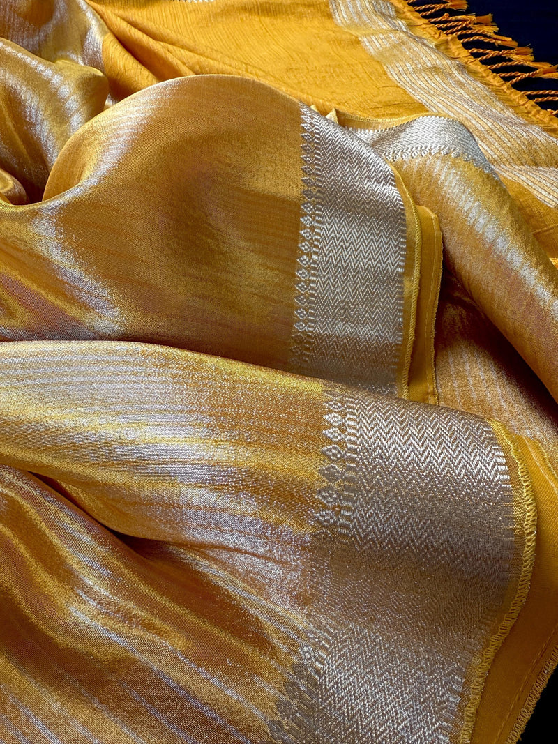 Statement Handmade Marigold Color Saree with thin Striped Banarasi Satin Tissue Silk Saree