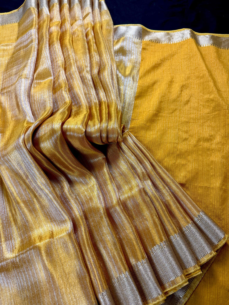 Statement Handmade Marigold Color Saree with thin Striped Banarasi Satin Tissue Silk Saree