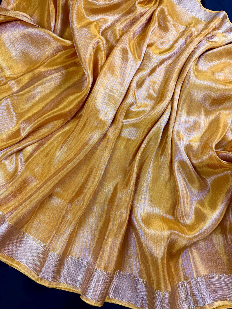 Statement Handmade Marigold Color Saree with thin Striped Banarasi Satin Tissue Silk Saree