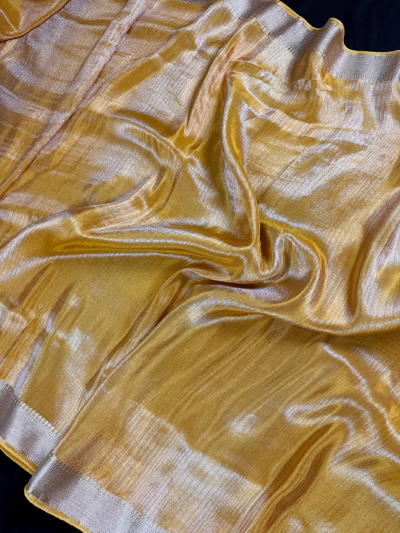 Statement Handmade Marigold Color Saree with thin Striped Banarasi Satin Tissue Silk Saree