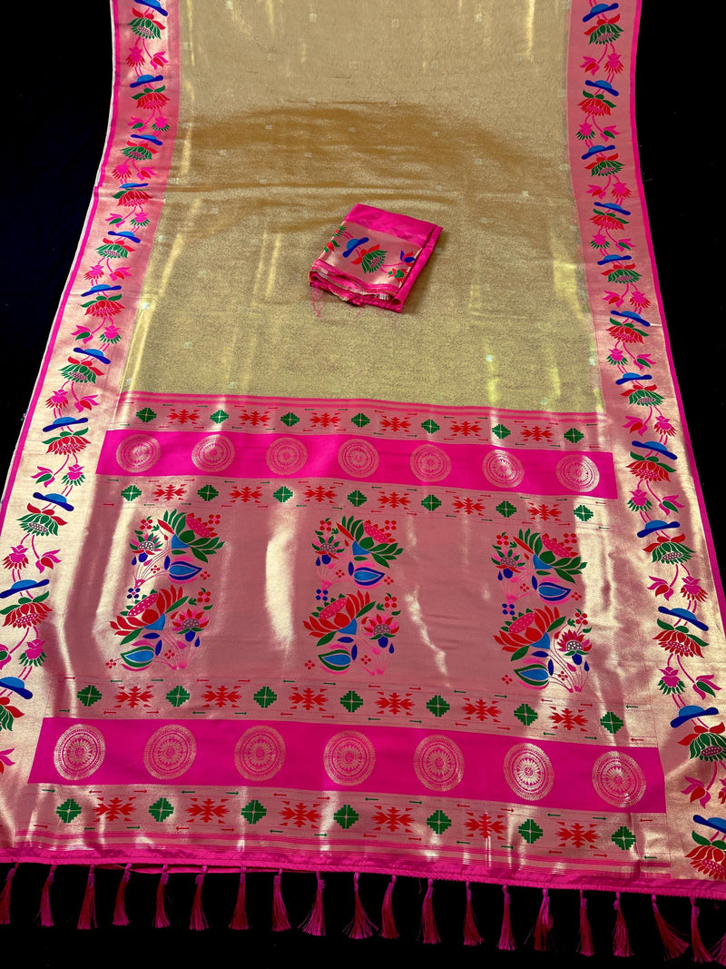 Statement Gold Color Paithani Banarasi Soft Silk Saree with Tanchoi Meenakari Work | Banarasi Soft Saree | Paithani Sarees