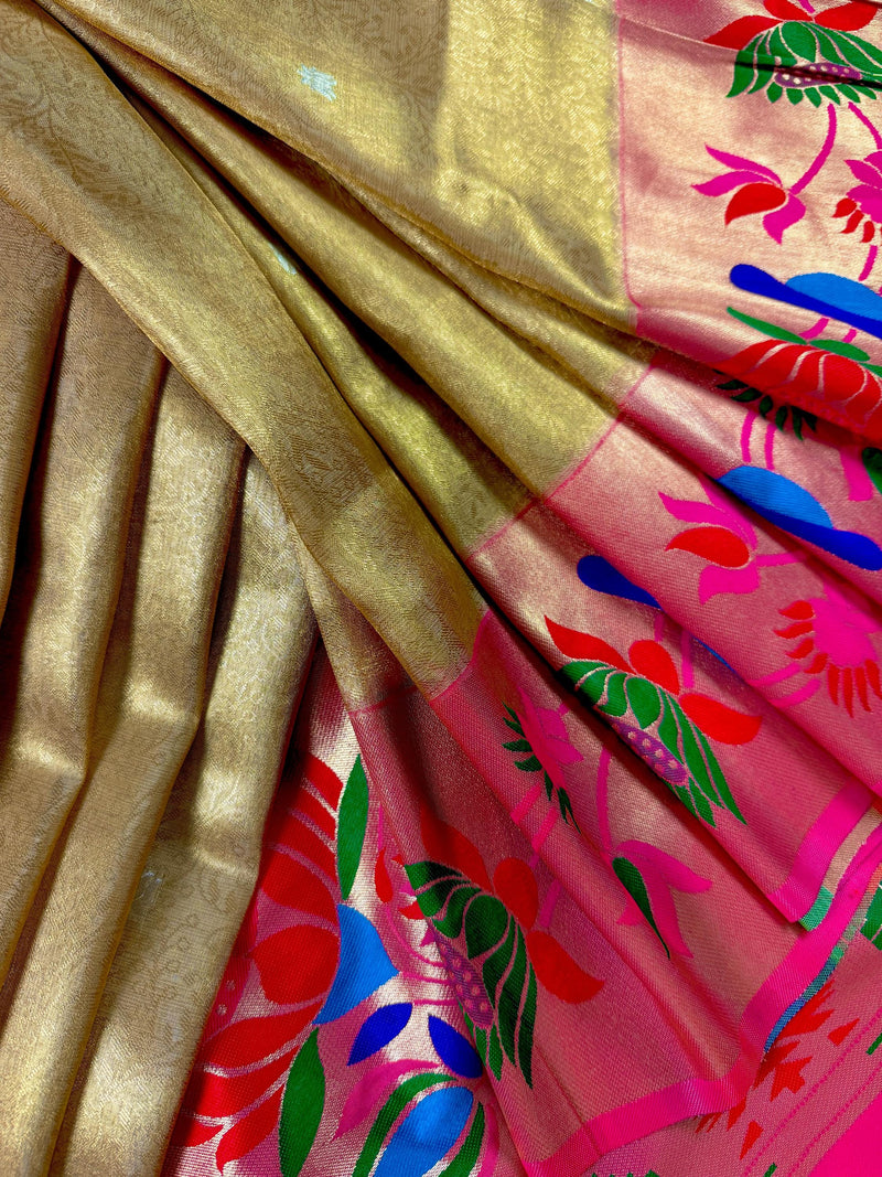 Statement Gold Color Paithani Banarasi Soft Silk Saree with Tanchoi Meenakari Work | Banarasi Soft Saree | Paithani Sarees
