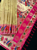 Statement Gold Color Paithani Banarasi Soft Silk Saree with Tanchoi Meenakari Work | Banarasi Soft Saree | Paithani Sarees
