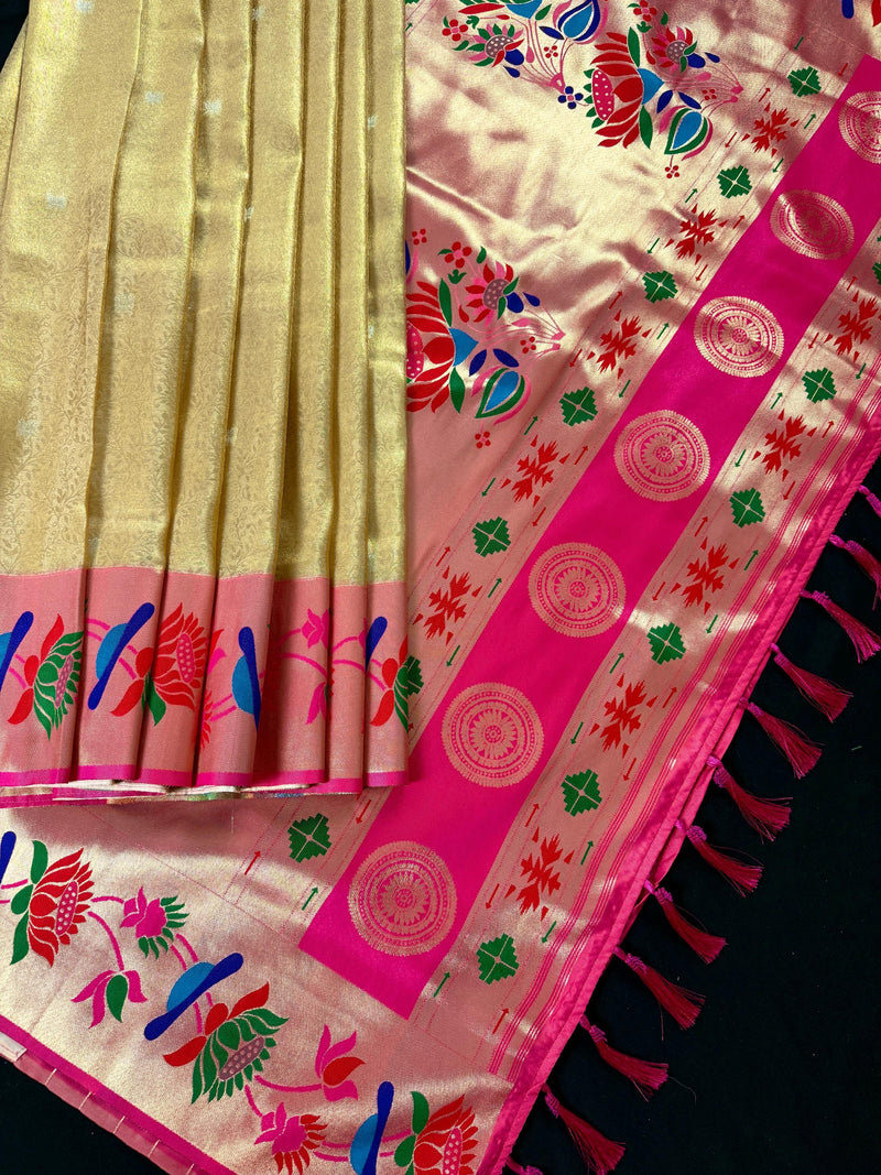 Statement Gold Color Paithani Banarasi Soft Silk Saree with Tanchoi Meenakari Work | Banarasi Soft Saree | Paithani Sarees