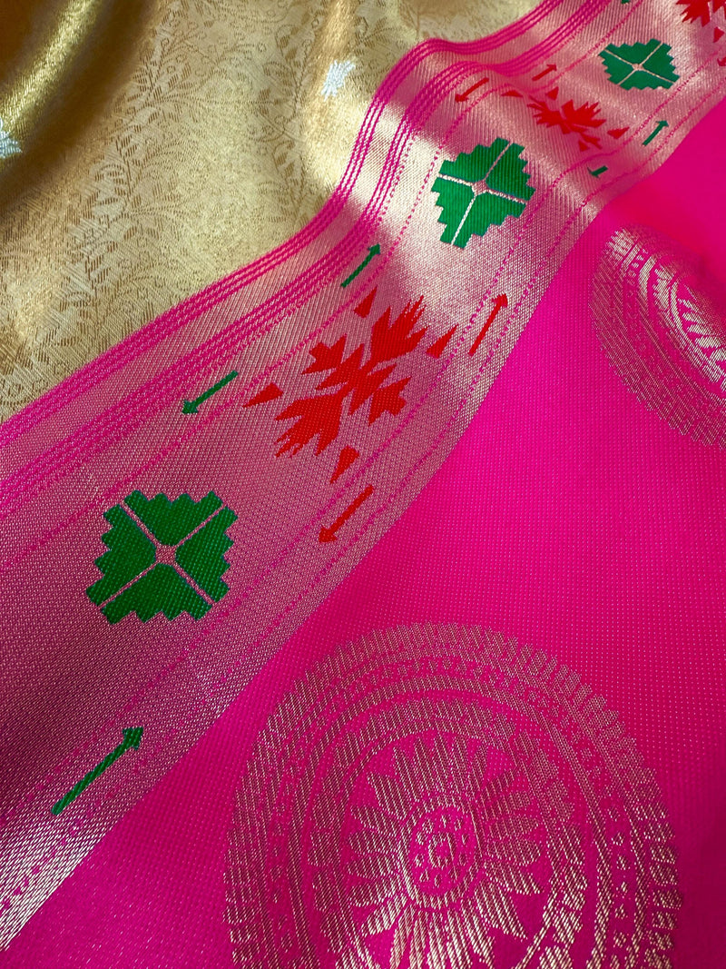 Statement Gold Color Paithani Banarasi Soft Silk Saree with Tanchoi Meenakari Work | Banarasi Soft Saree | Paithani Sarees