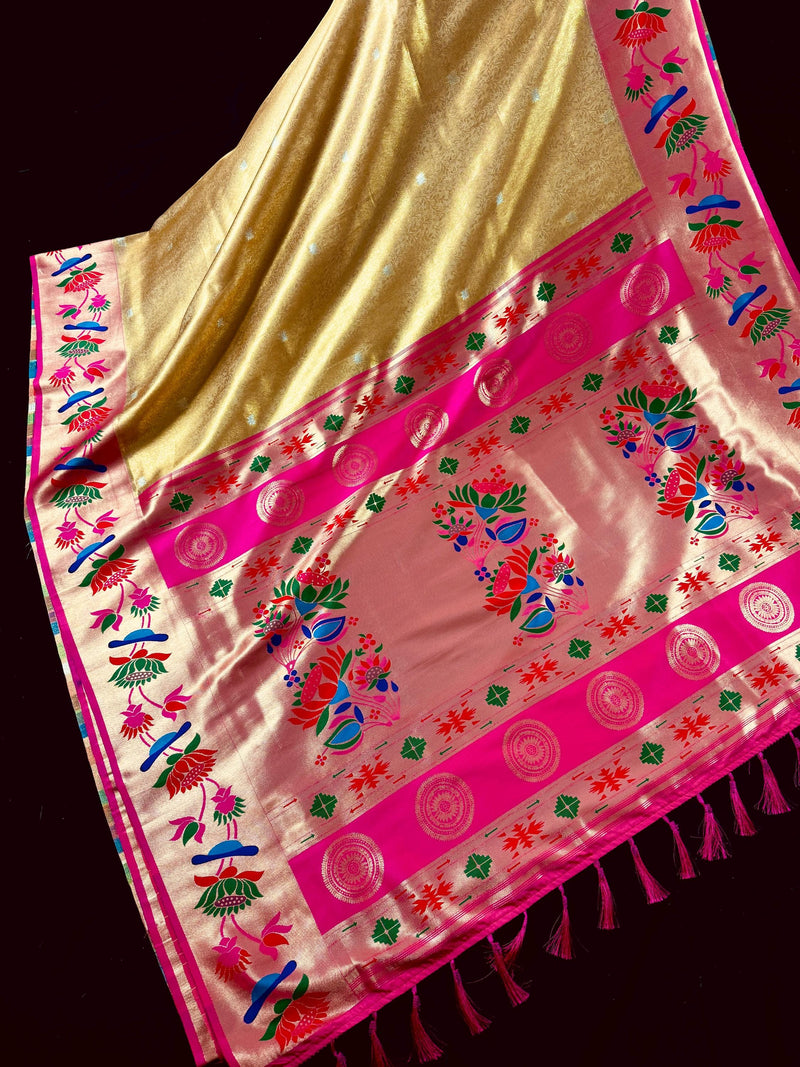 Statement Gold Color Paithani Banarasi Soft Silk Saree with Tanchoi Meenakari Work | Banarasi Soft Saree | Paithani Sarees