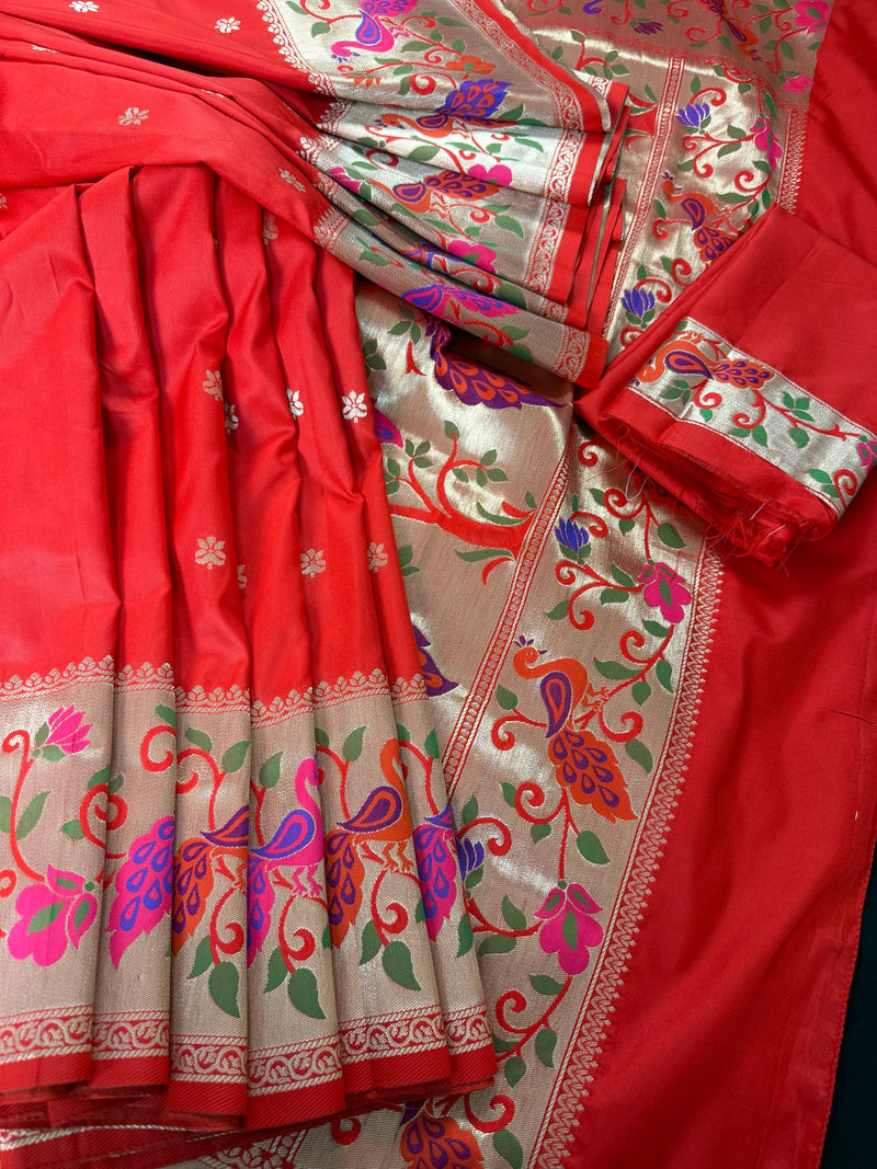 Red Paithani Soft Silk Saree | Paithani Design Saree | Red Color Saree | Soft Silk Sarees | Festival and Party Wear Sarees