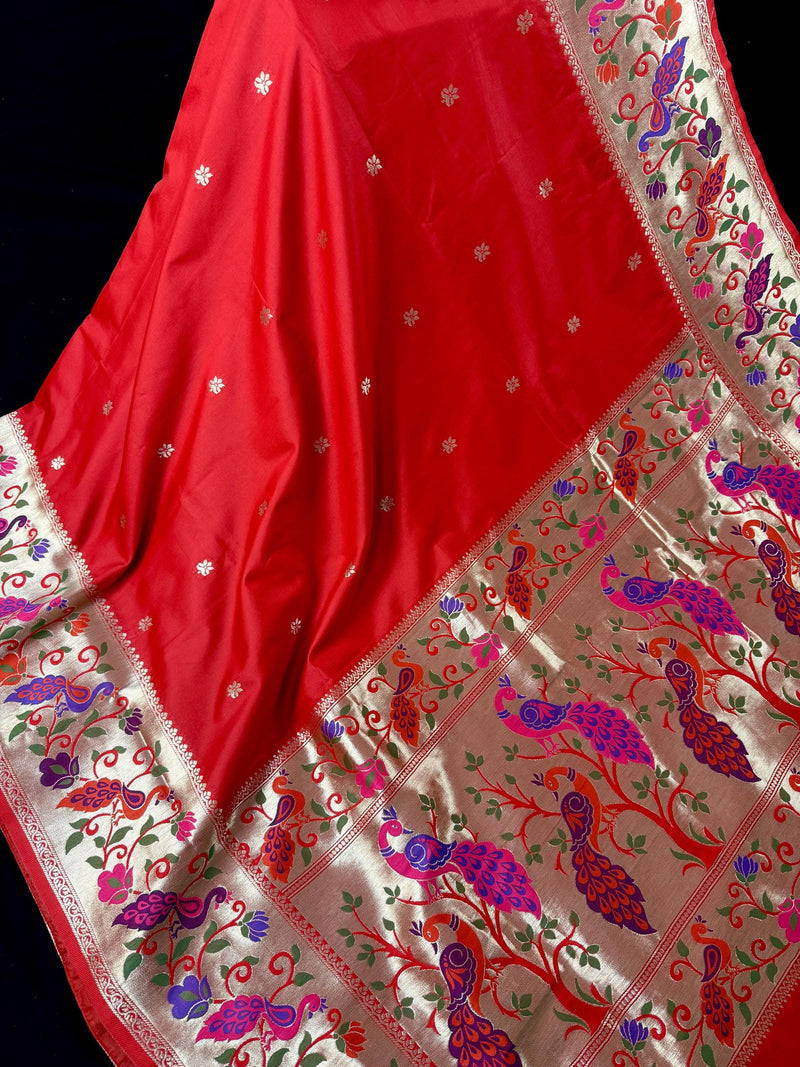 Red Paithani Soft Silk Saree | Paithani Design Saree | Red Color Saree | Soft Silk Sarees | Festival and Party Wear Sarees