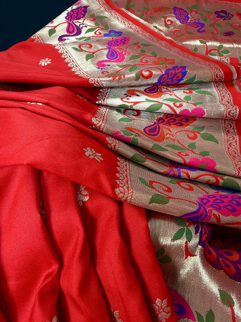 Red Paithani Soft Silk Saree | Paithani Design Saree | Red Color Saree | Soft Silk Sarees | Festival and Party Wear Sarees