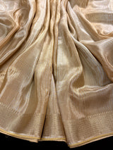 Statement Handmade Champagne Color thin Striped Banarasi Satin Tissue Silk Saree