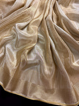 Statement Handmade Champagne Color thin Striped Banarasi Satin Tissue Silk Saree