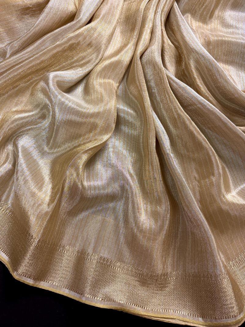 Statement Handmade Champagne Color thin Striped Banarasi Satin Tissue Silk Saree
