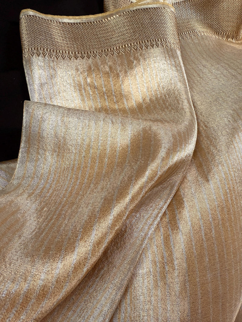 Statement Handmade Champagne Color thin Striped Banarasi Satin Tissue Silk Saree