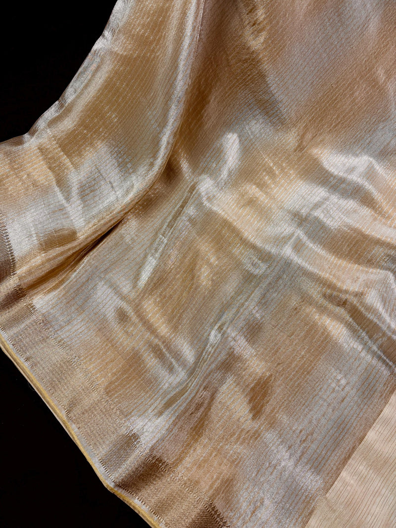 Statement Handmade Champagne Color thin Striped Banarasi Satin Tissue Silk Saree