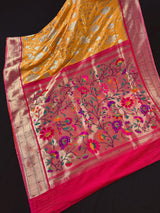 Mango Yellow and Pink Color Paithani Saree | Banarasi Soft Silk Saree in Mango Yellow Color