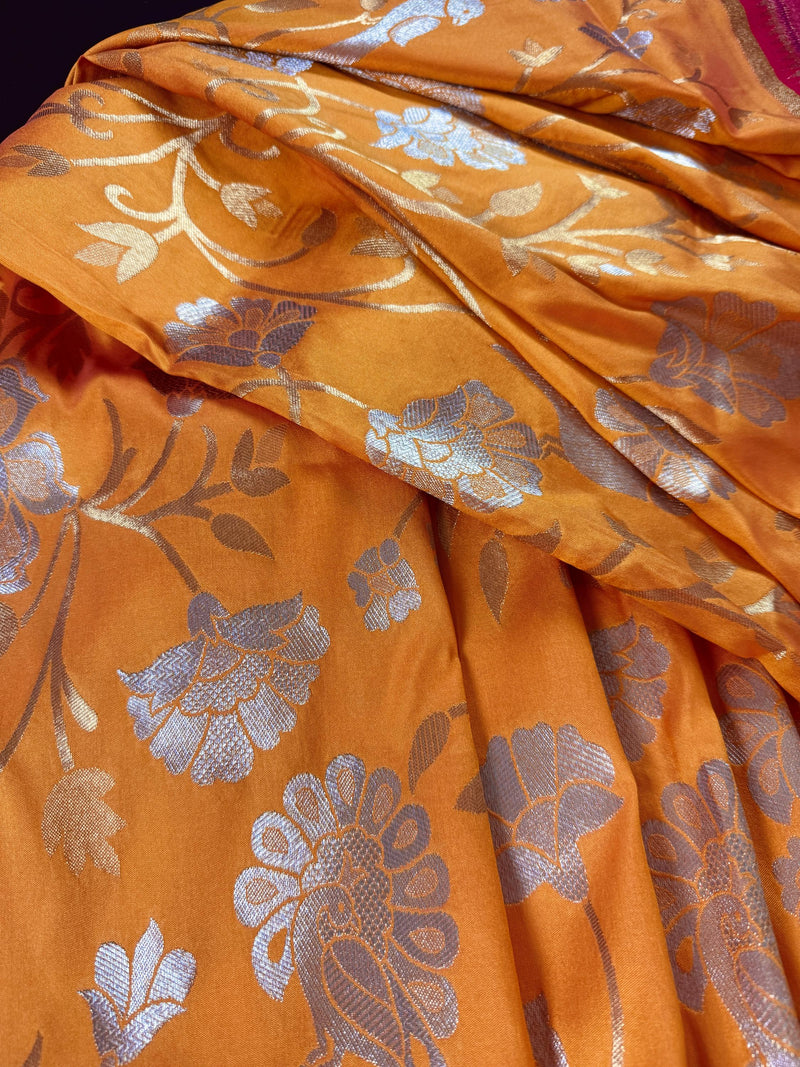 Mango Yellow and Pink Color Paithani Saree | Banarasi Soft Silk Saree in Mango Yellow Color