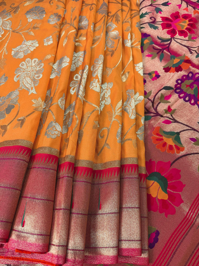 Mango Yellow and Pink Color Paithani Saree | Banarasi Soft Silk Saree in Mango Yellow Color