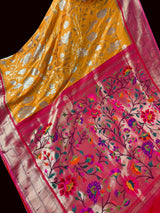 Mango Yellow and Pink Color Paithani Saree | Banarasi Soft Silk Saree in Mango Yellow Color