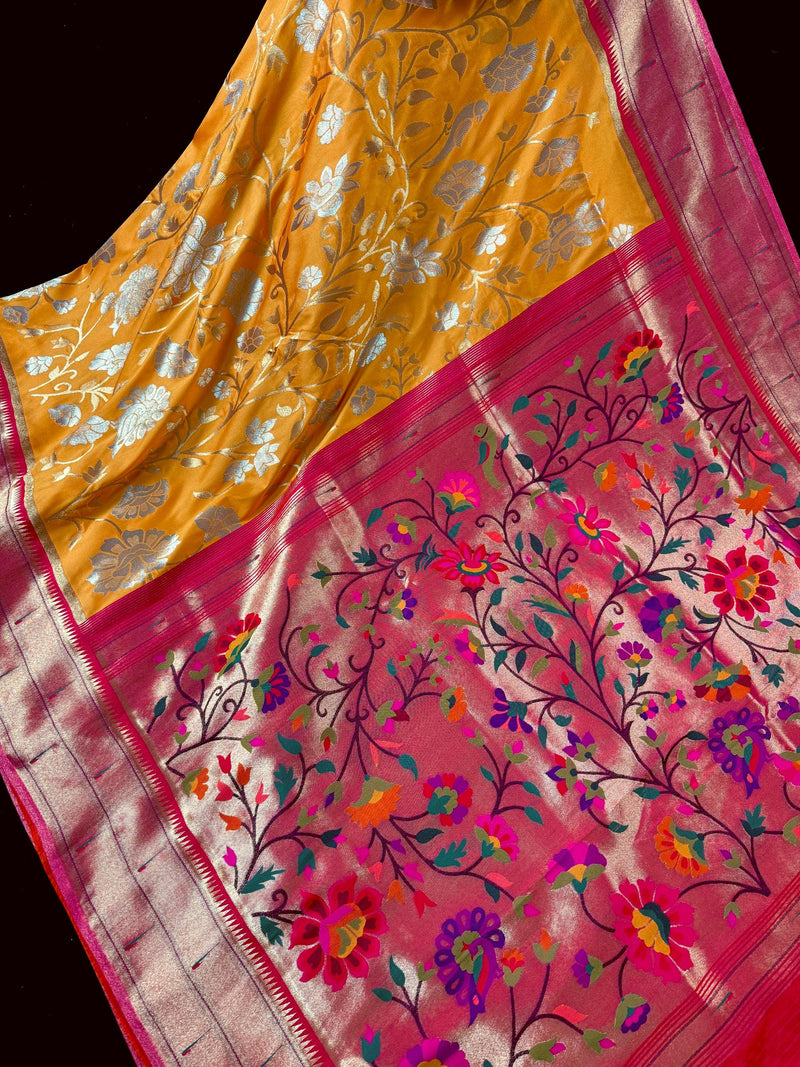 Mango Yellow and Pink Color Paithani Saree | Banarasi Soft Silk Saree in Mango Yellow Color