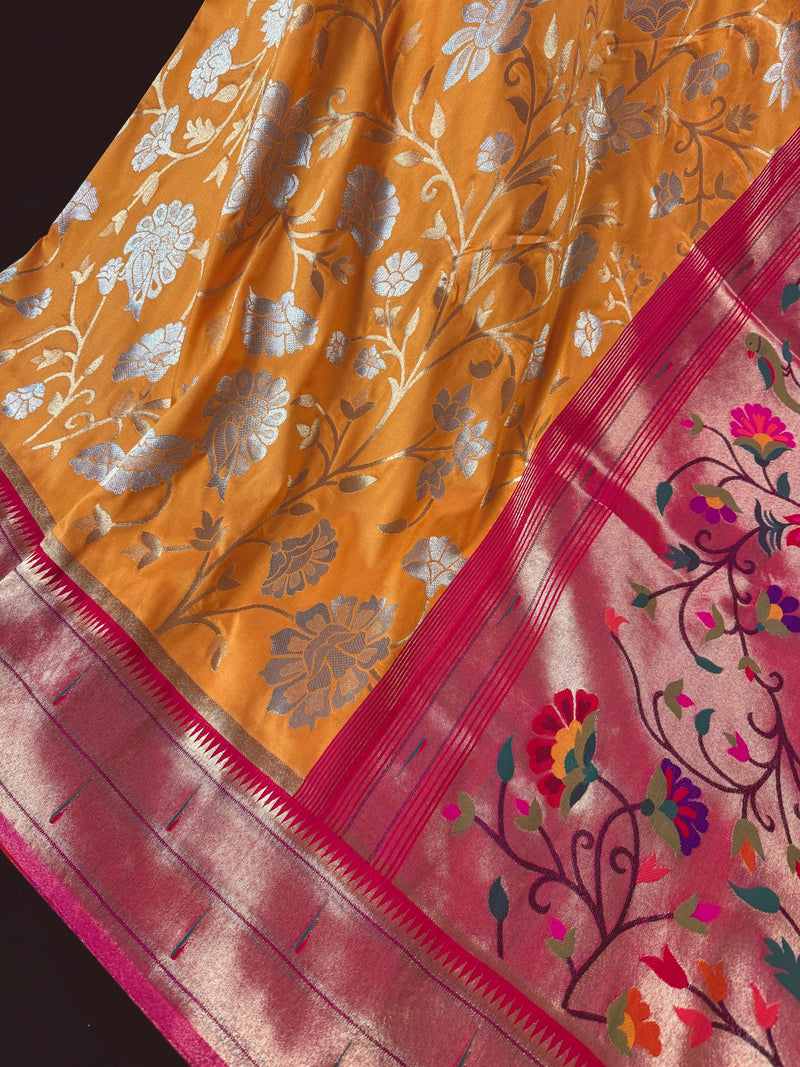 Mango Yellow and Pink Color Paithani Saree | Banarasi Soft Silk Saree in Mango Yellow Color