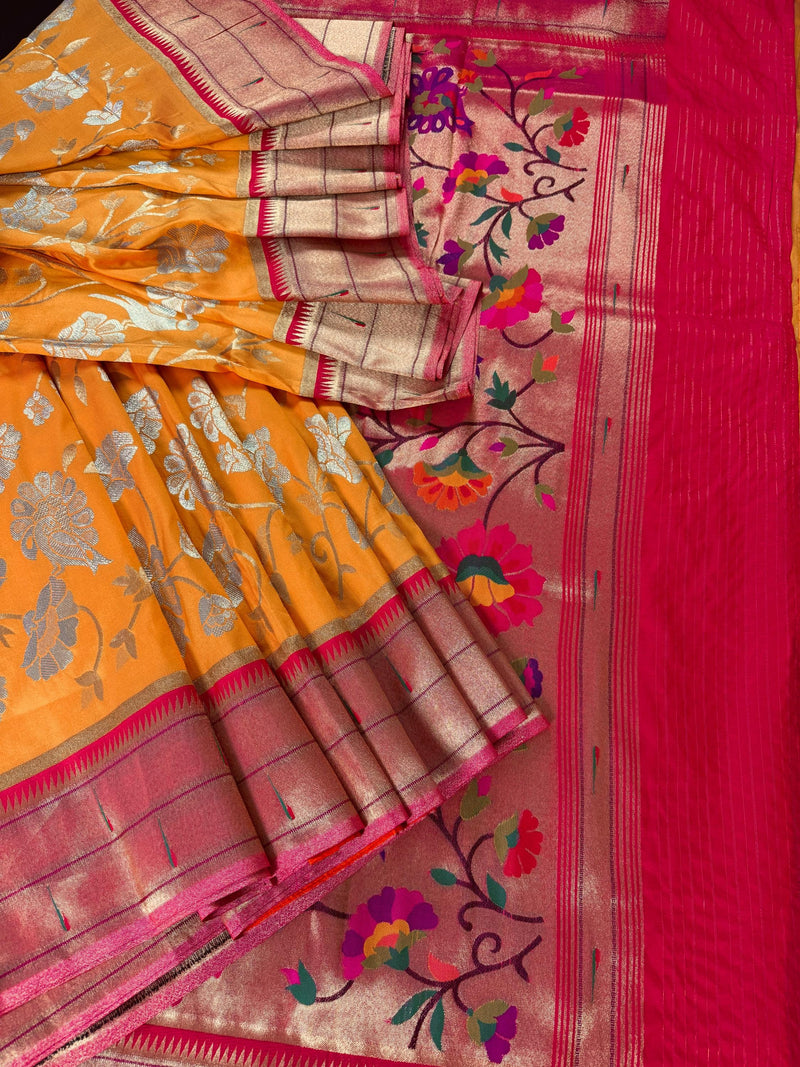 Mango Yellow and Pink Color Paithani Saree | Banarasi Soft Silk Saree in Mango Yellow Color