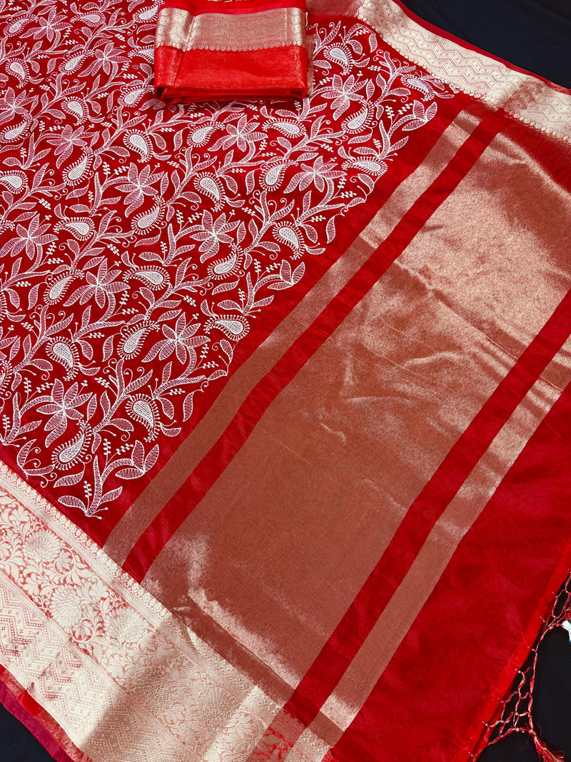 Red Color Banarasi Kora Organza Silk Saree with White Color Emberiodery | Party Wear Sarees | Statement Sarees | Paisley Pattern Sarees
