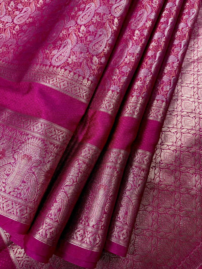 Rani Pink Color Banarasi Brocade Handloom Saree | Parsley design in Sliver and Gold Zari Weave | Banarasi Silk Sarees in Brocade