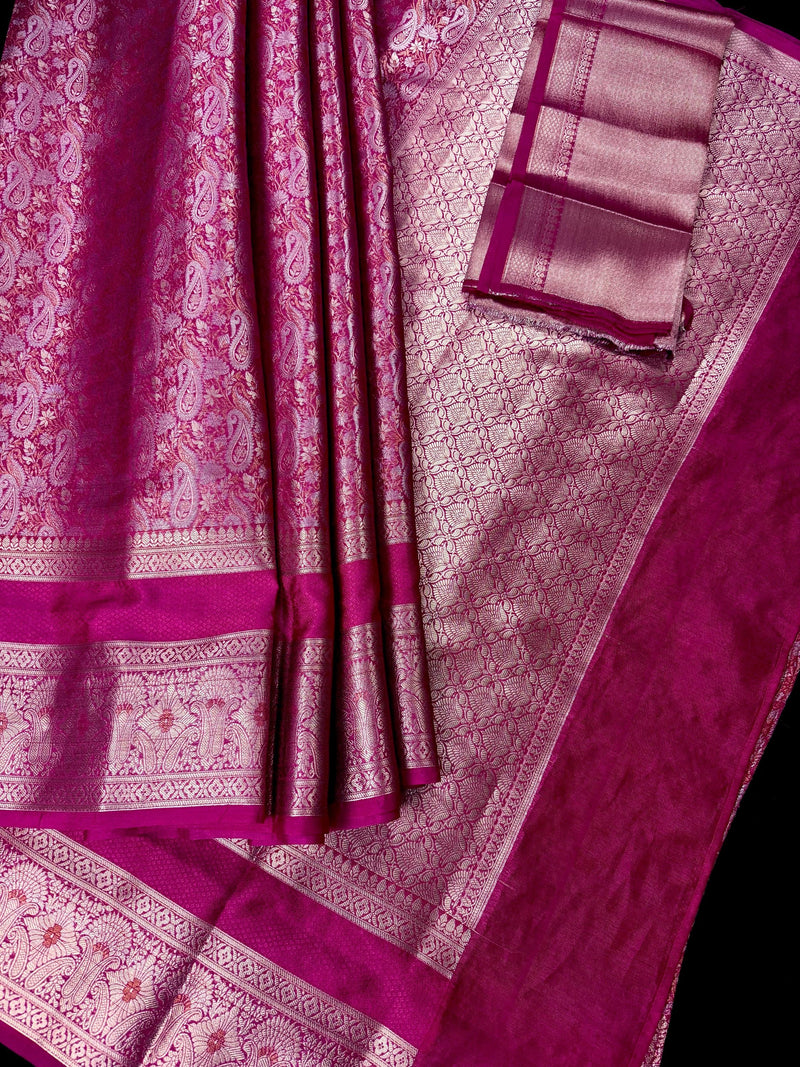 Rani Pink Color Banarasi Brocade Handloom Saree | Parsley design in Sliver and Gold Zari Weave | Banarasi Silk Sarees in Brocade