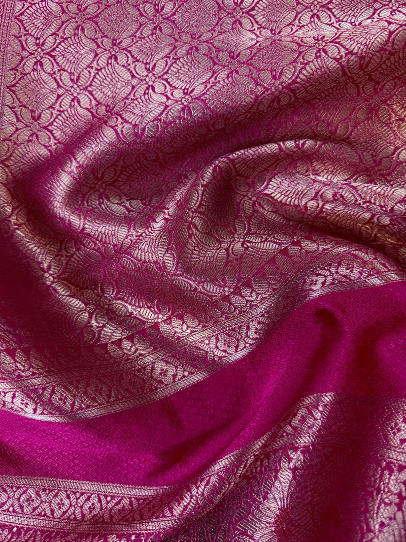 Rani Pink Color Banarasi Brocade Handloom Saree | Parsley design in Sliver and Gold Zari Weave | Banarasi Silk Sarees in Brocade