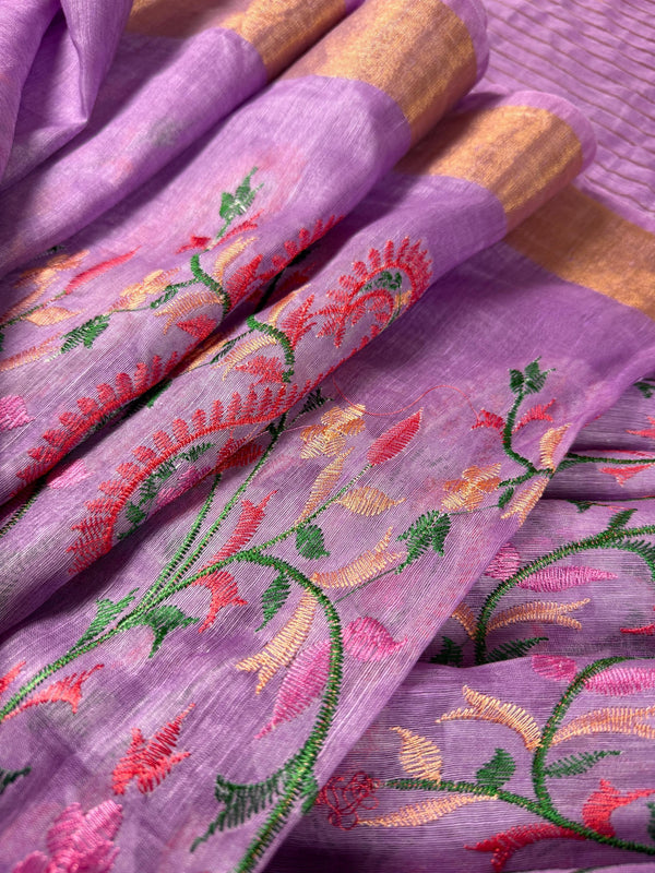 Lavender Color Linen Silk Saree | Floral Digital Embroidery with Zari Border | Organic Silk Linen Saree | Ships from California
