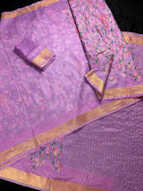 Lavender Color Linen Silk Saree | Floral Digital Embroidery with Zari Border | Organic Silk Linen Saree | Ships from California
