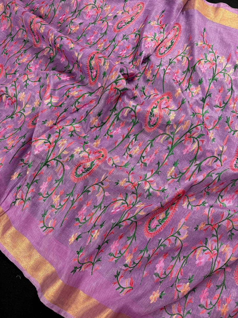 Lavender Color Linen Silk Saree | Floral Digital Embroidery with Zari Border | Organic Silk Linen Saree | Ships from California