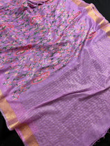 Lavender Color Linen Silk Saree | Floral Digital Embroidery with Zari Border | Organic Silk Linen Saree | Ships from California
