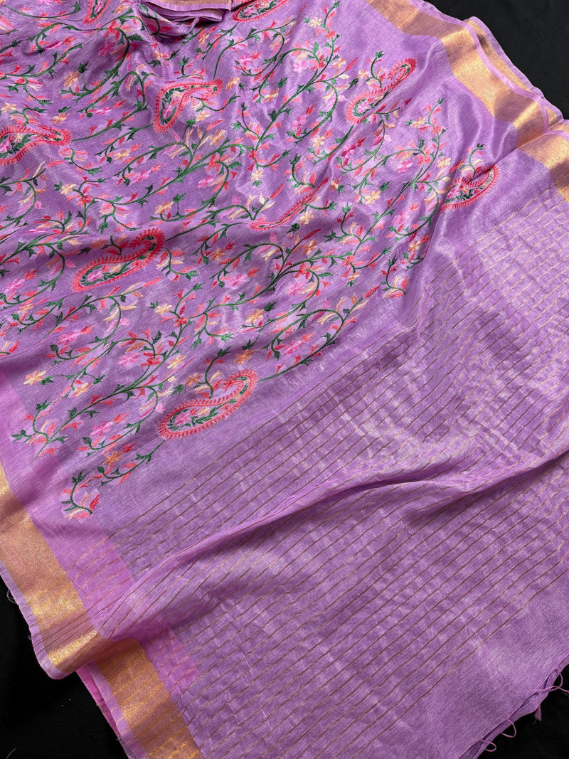 Lavender Color Linen Silk Saree | Floral Digital Embroidery with Zari Border | Organic Silk Linen Saree | Ships from California