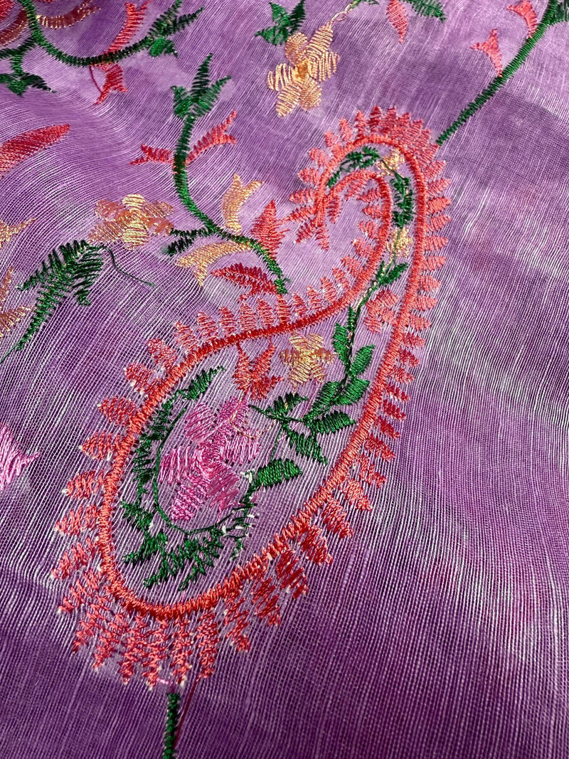 Lavender Color Linen Silk Saree | Floral Digital Embroidery with Zari Border | Organic Silk Linen Saree | Ships from California