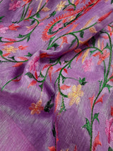Lavender Color Linen Silk Saree | Floral Digital Embroidery with Zari Border | Organic Silk Linen Saree | Ships from California