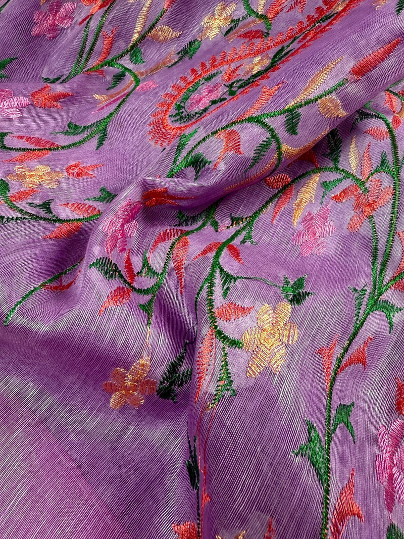 Lavender Color Linen Silk Saree | Floral Digital Embroidery with Zari Border | Organic Silk Linen Saree | Ships from California