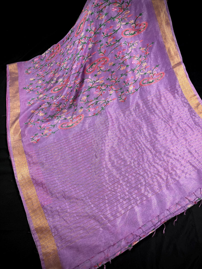 Lavender Color Linen Silk Saree | Floral Digital Embroidery with Zari Border | Organic Silk Linen Saree | Ships from California