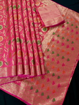 Deep Pink Color Semi Banarasi Silk Saree with Floral Jaal and Meenakari Weaving with undertone of Peach | Brocade Blouse | Banarasi Sarees